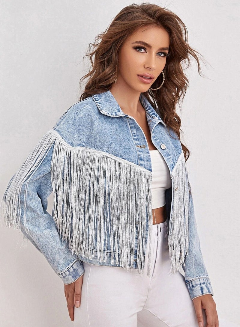 Fashionable Tassel Splicing Denim Short Jacket