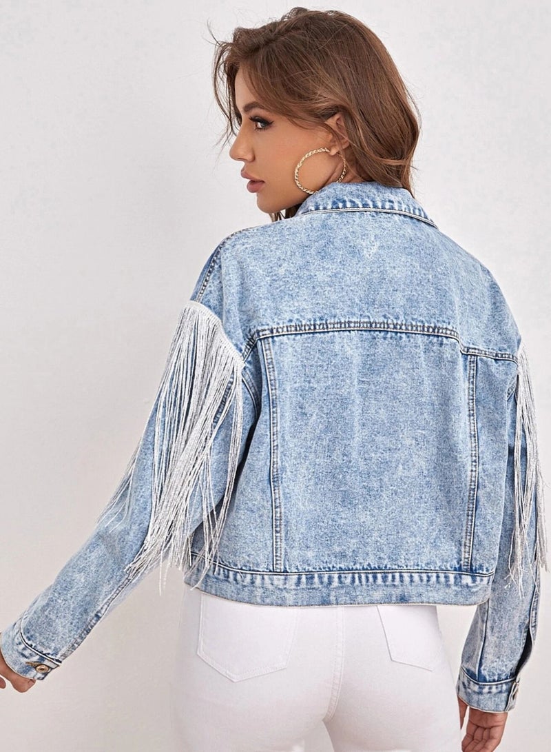 Fashionable Tassel Splicing Denim Short Jacket