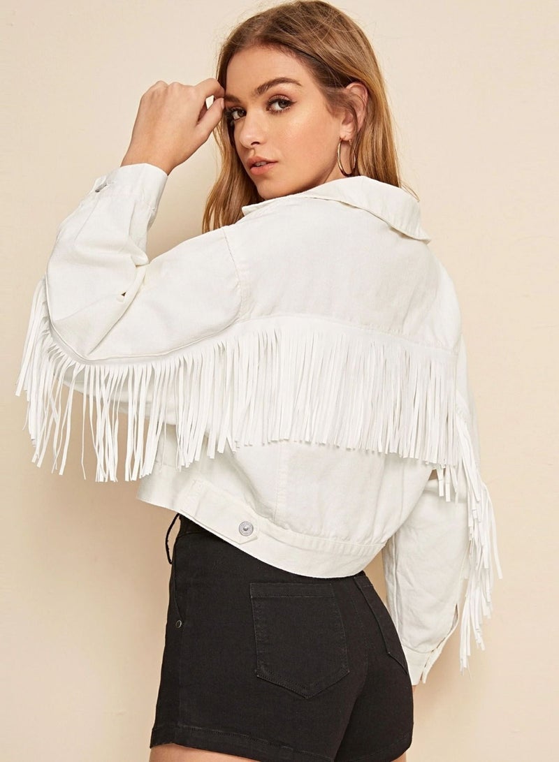 Fashionable Tassel Splicing Denim Short Jacket White