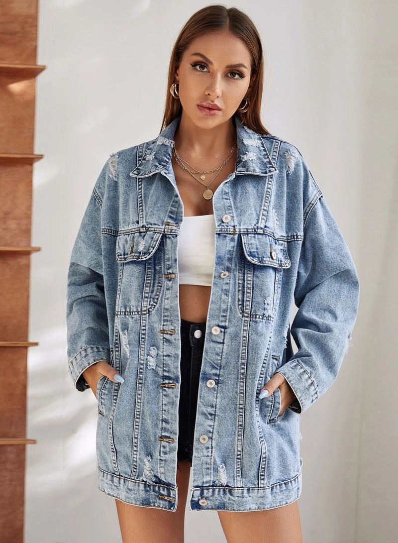 Women's Worn-Out Oversize Loose Medium Length Denim Jacket