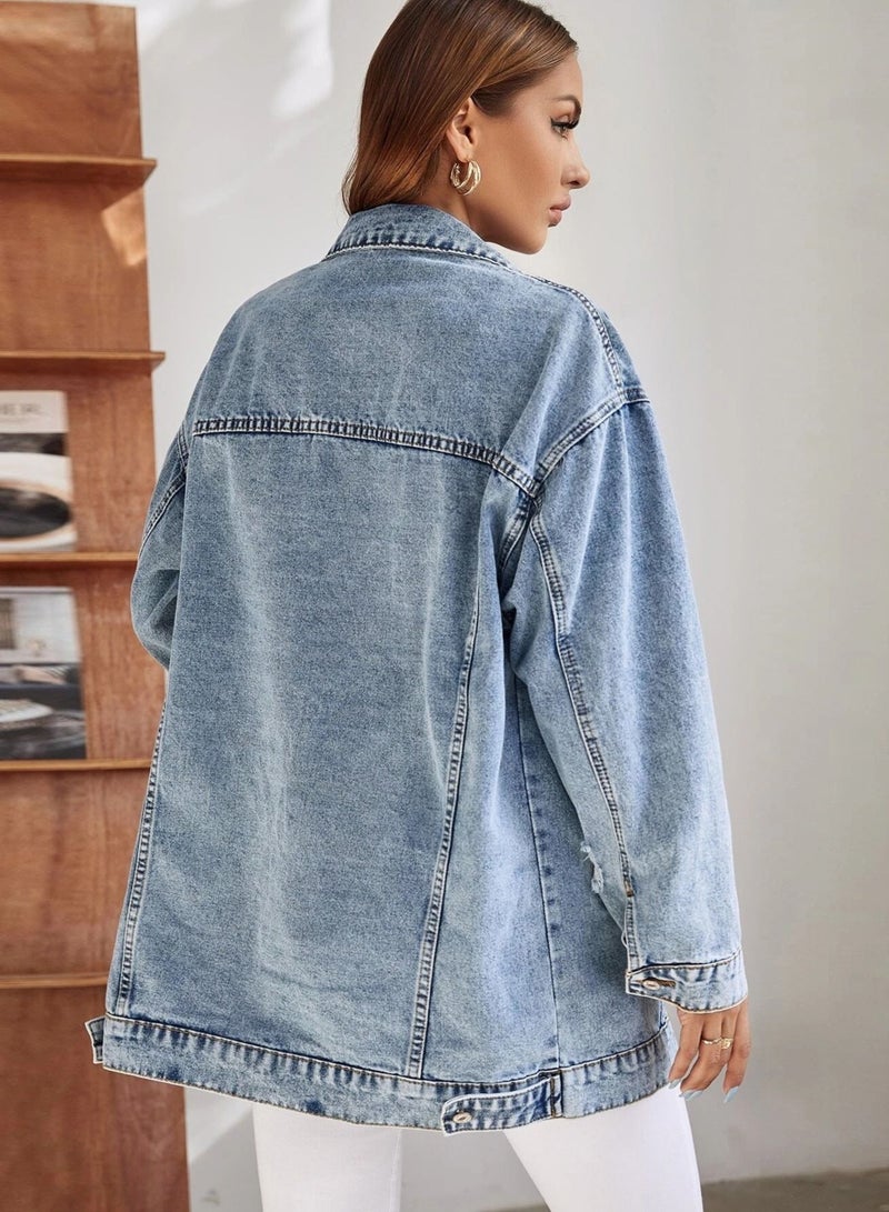 Women's Worn-Out Oversize Loose Medium Length Denim Jacket