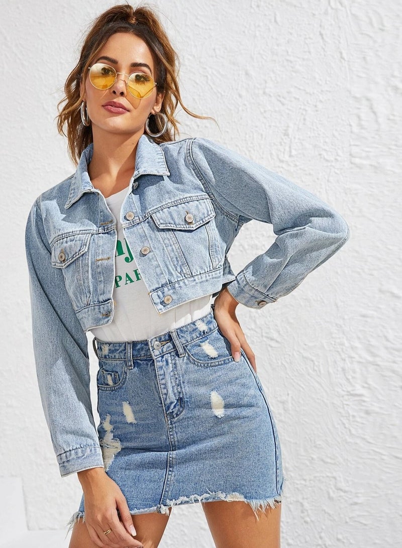 Women's Fashion Lapel Super Short Denim Jacket Blue