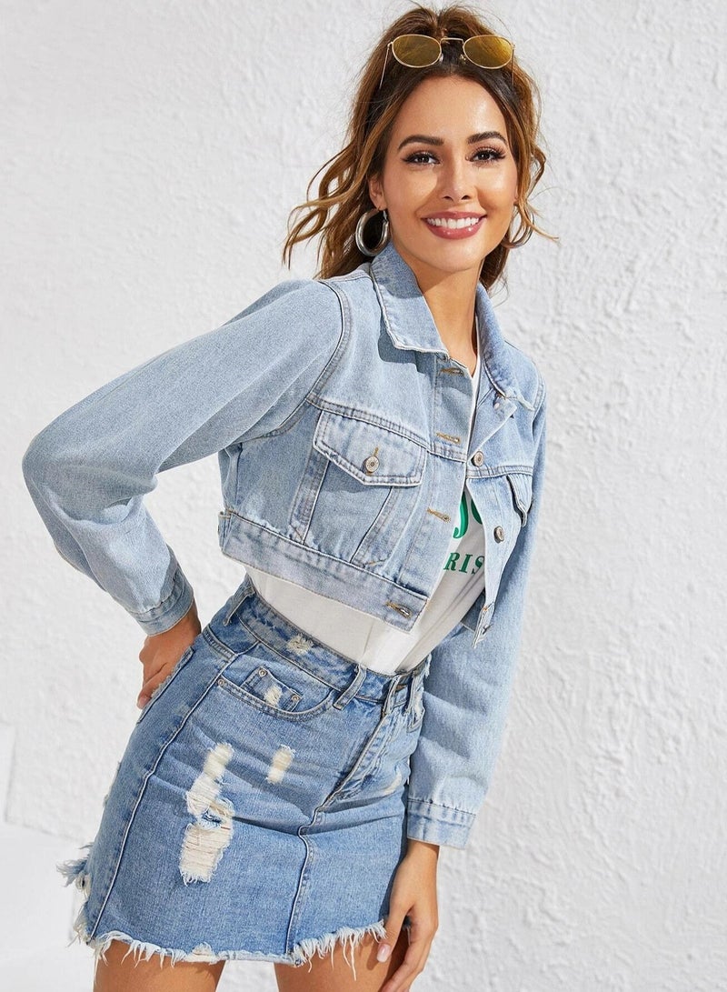 Women's Fashion Lapel Super Short Denim Jacket Blue