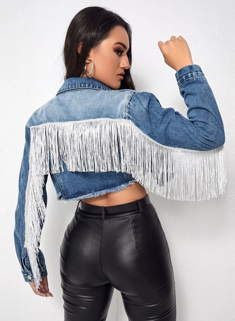 Fashionable Tassel Splicing Denim Short Jacket Navy Blue