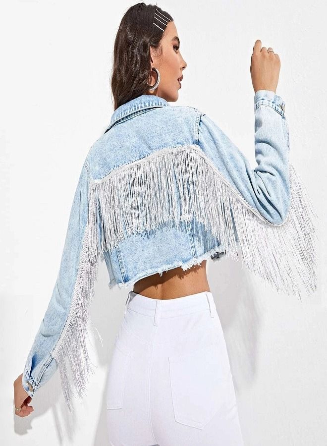 Fashionable Tassel Splicing Denim Short Jacket Blue