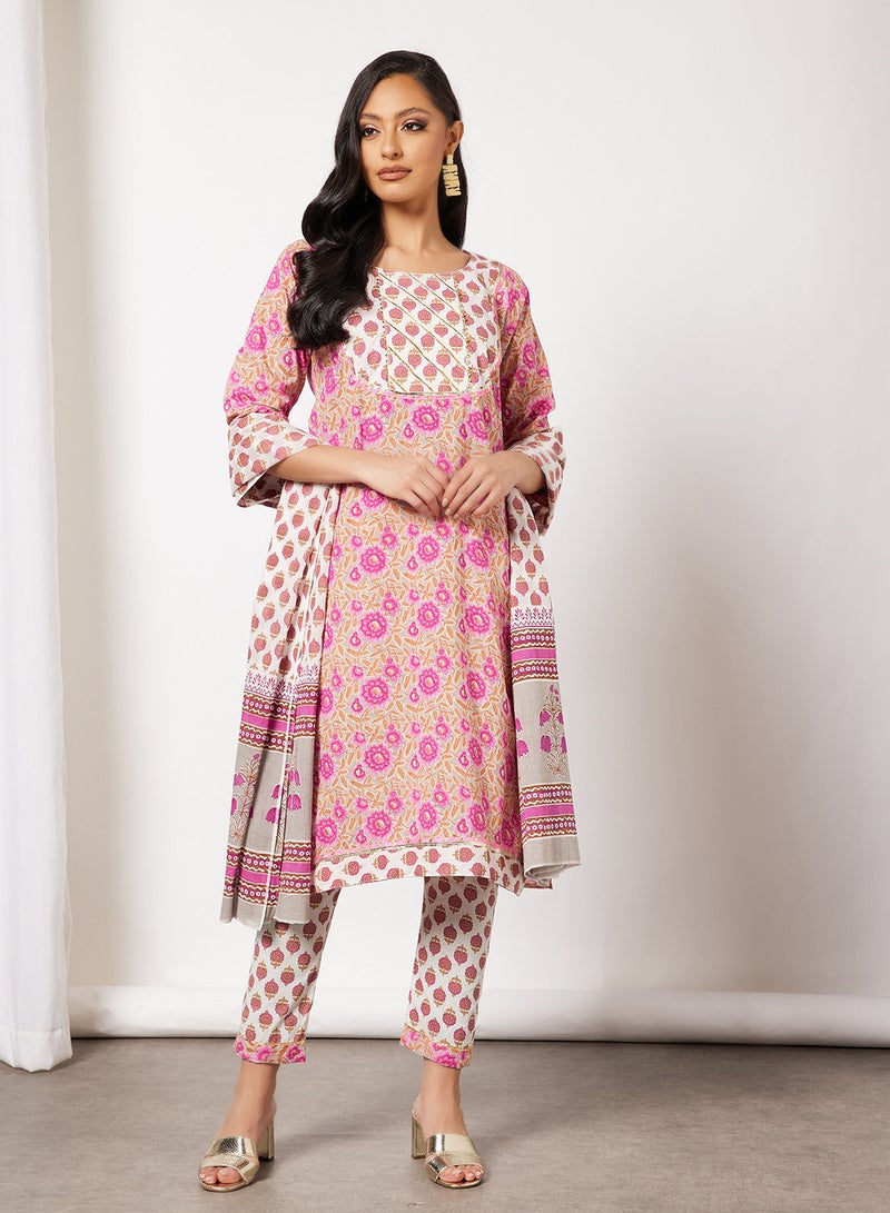 Print Short Kurta With Pants And Dupatta