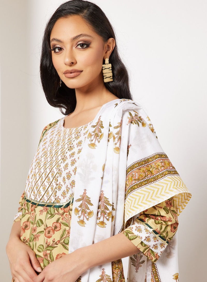 Printed Short Kurta With Pants And Dupatta