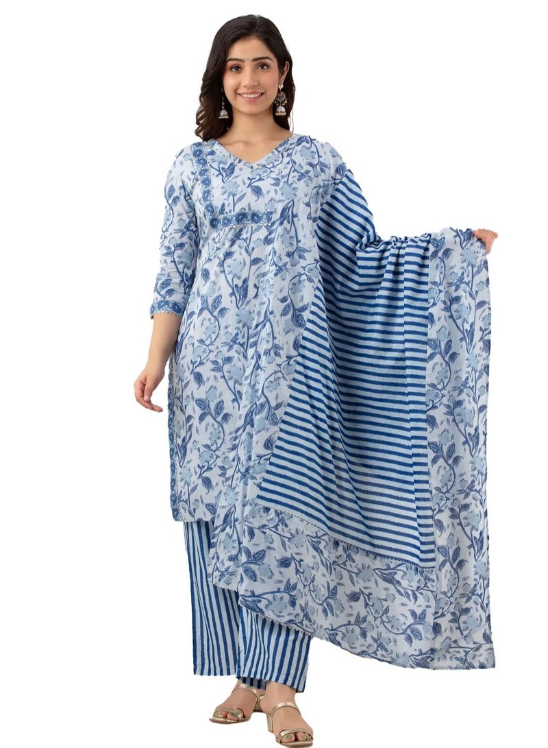 Women Floral Printed Cotton Kurta And Pant Set With Dupatta