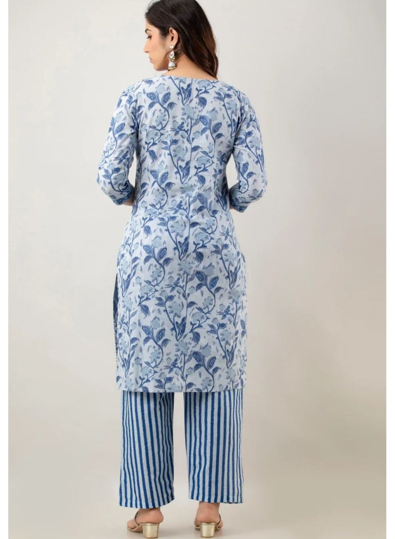 Women Floral Printed Cotton Kurta And Pant Set With Dupatta