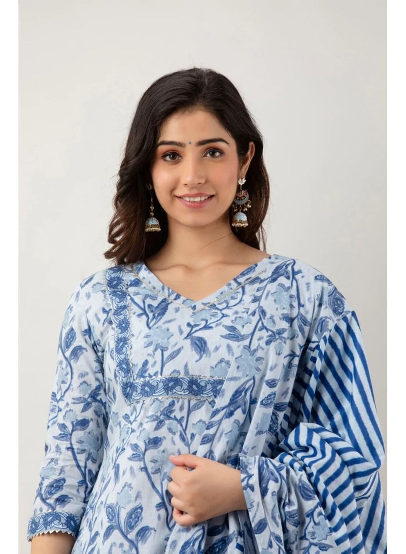 Women Floral Printed Cotton Kurta And Pant Set With Dupatta