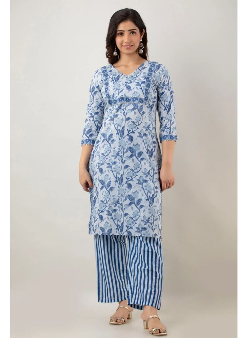 Women Floral Printed Cotton Kurta And Pant Set With Dupatta