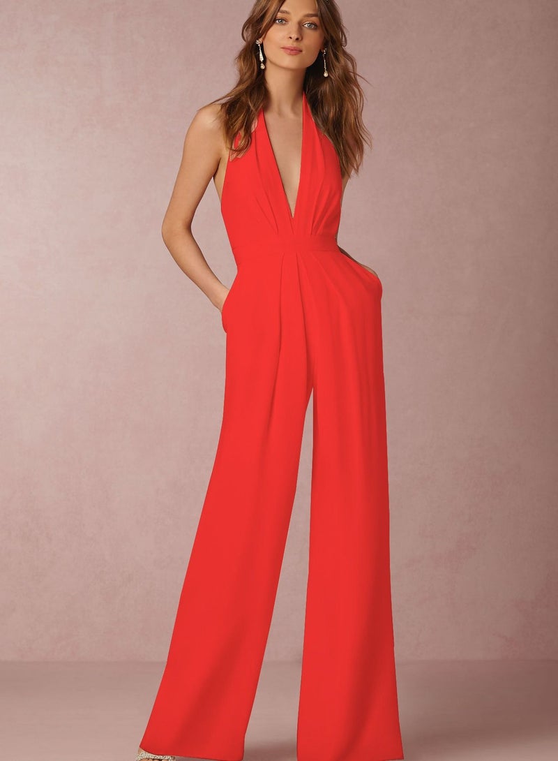V-neck Jumpsuits Red