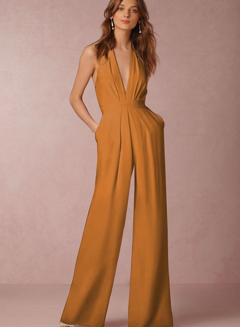 V-neck Jumpsuits Yellow