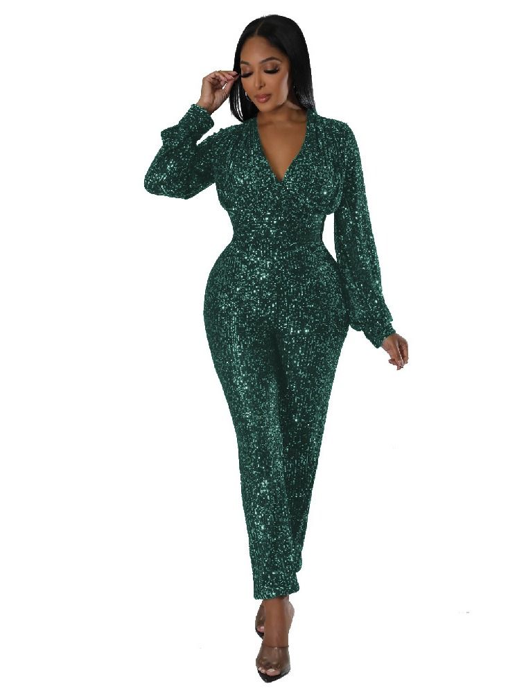 Fashion New V-neck Sequin Slim Long Jumpsuit