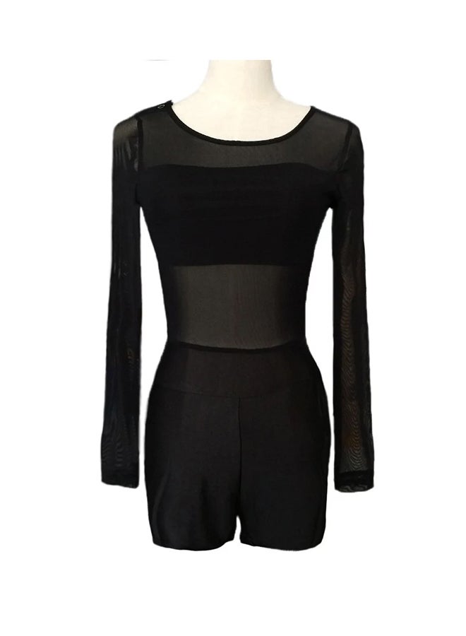 Crew Neck Mesh Playsuit Black