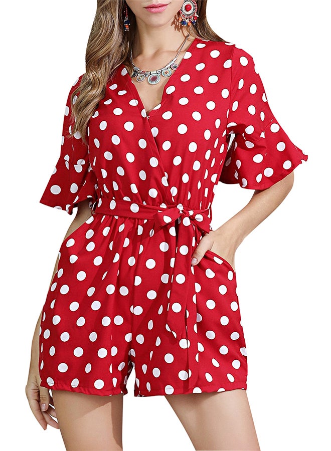 Polka Dot Print Flare Sleeve Bow Decoration Playsuit Red