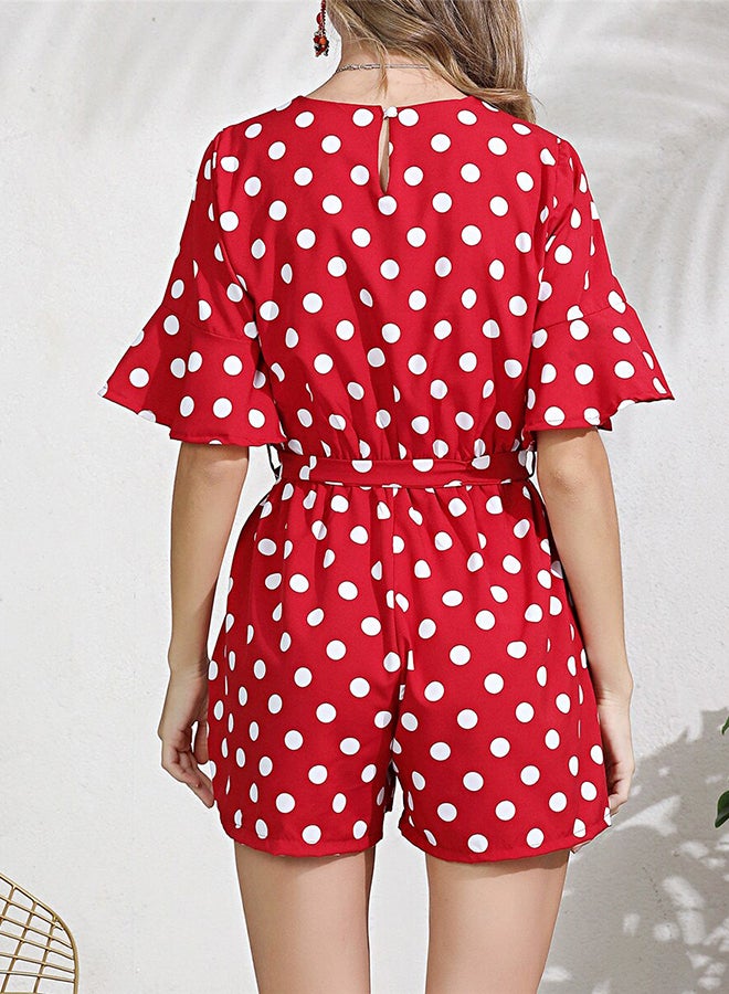 Polka Dot Print Flare Sleeve Bow Decoration Playsuit Red