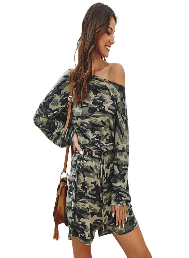 Spring Camouflage Off Shoulder Jumpsuit Army Green