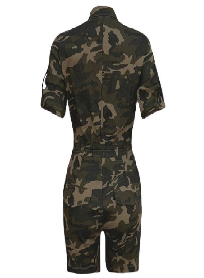 Short Sleeve Camouflage Print One-Piece Rompers Playsuit Army Green