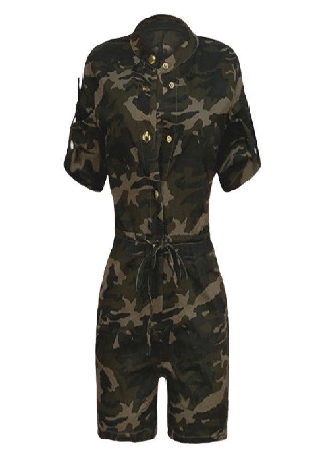 Short Sleeve Camouflage Print One-Piece Rompers Playsuit Army Green