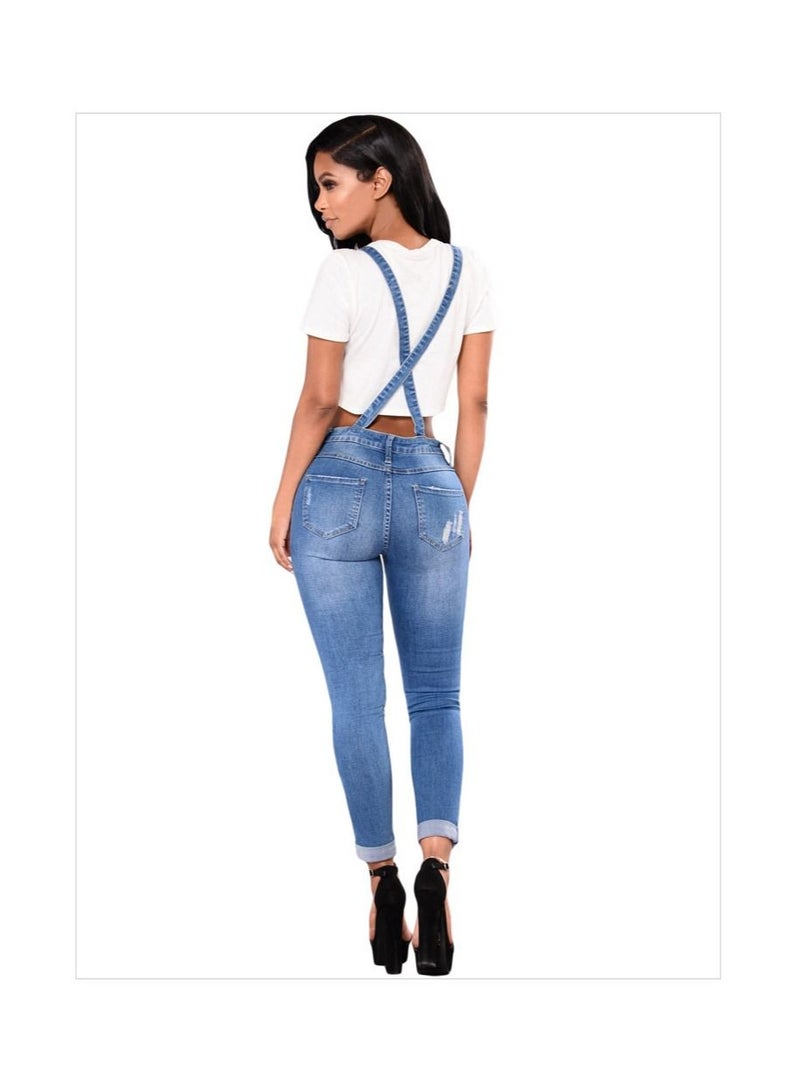 Ripped Strap Roll-up Leg Cropped Jeans Woman