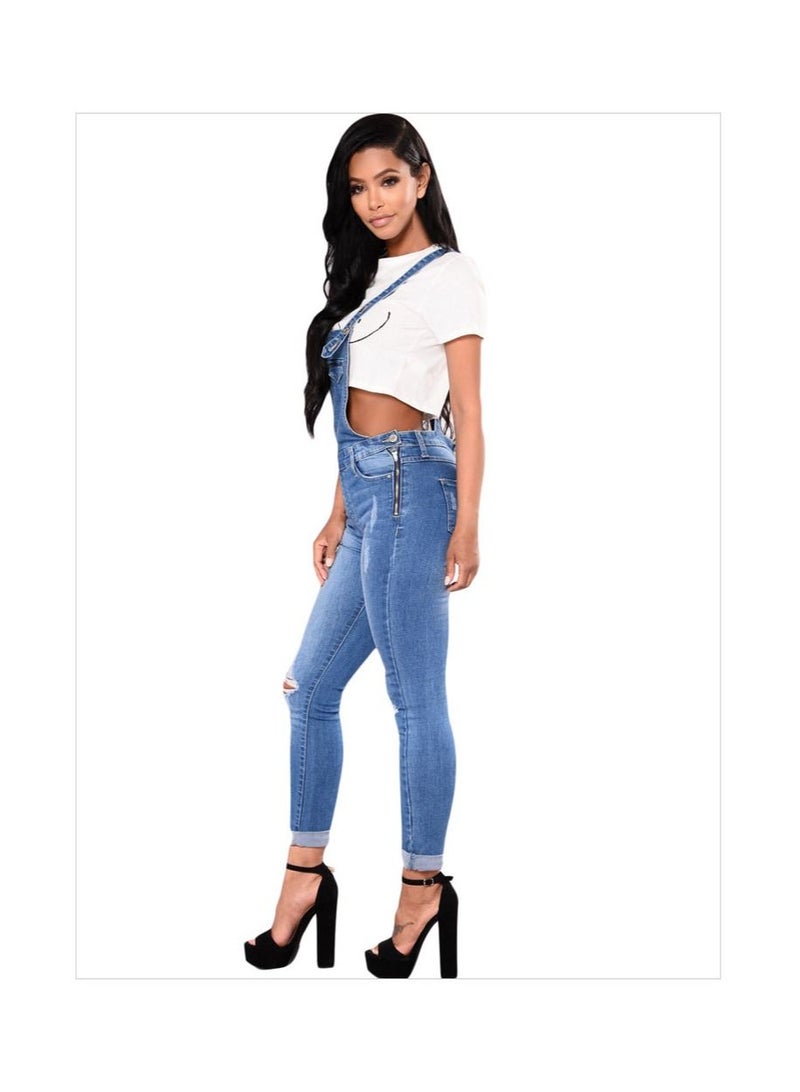 Ripped Strap Roll-up Leg Cropped Jeans Woman