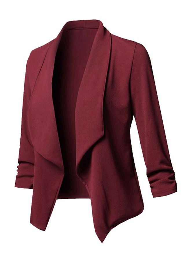 Solid Asymmetrical Open Front Blazer Burgundy