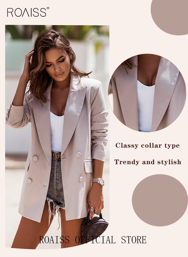 Women's Casual Business Blazer Fashion Solid Color Straight Shoulders Slim Fit Office Coat Ladies Classic Lapel Button Open Placket Suit Jacket with Shoulder Pads Beige