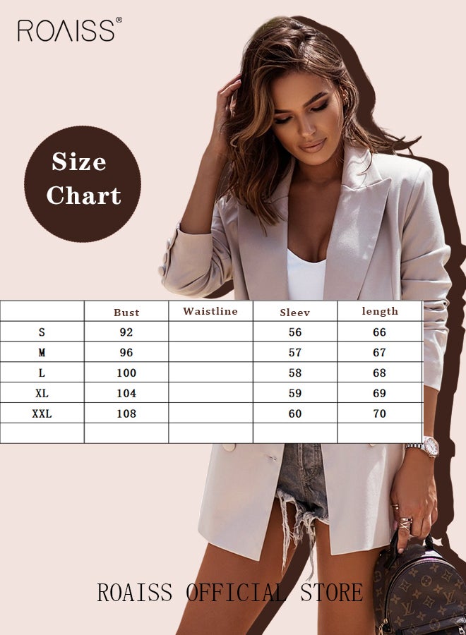Women's Casual Business Blazer Fashion Solid Color Straight Shoulders Slim Fit Office Coat Ladies Classic Lapel Button Open Placket Suit Jacket with Shoulder Pads Beige
