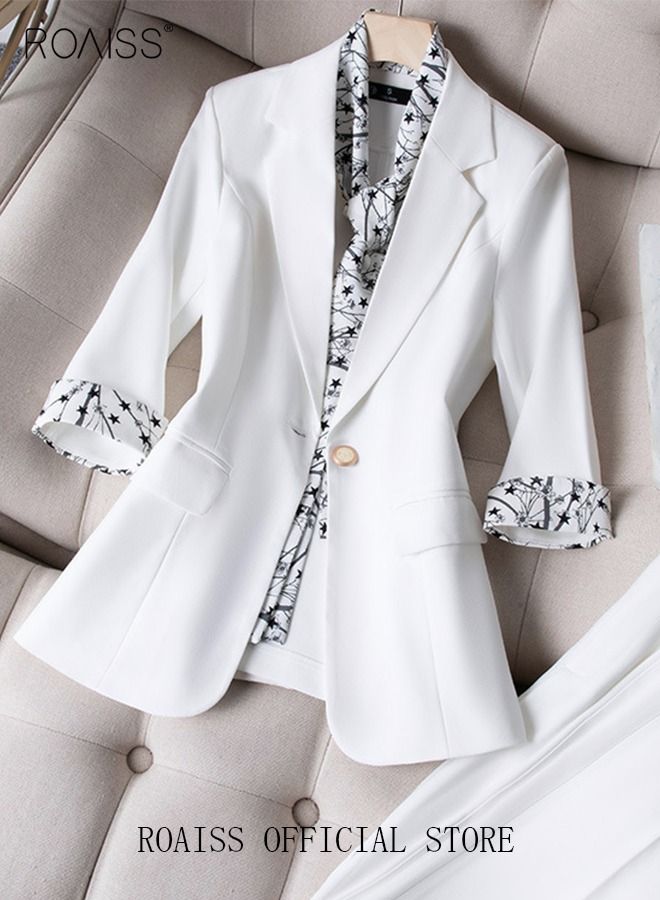 Women's White Suits with Scarf Long Sleeve Blazer Office Women's Wear Thin Casual Design Women's Blazers Lapel Long Sleeve Button Casual Business Jacket