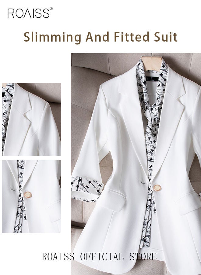 Women's White Suits with Scarf Long Sleeve Blazer Office Women's Wear Thin Casual Design Women's Blazers Lapel Long Sleeve Button Casual Business Jacket