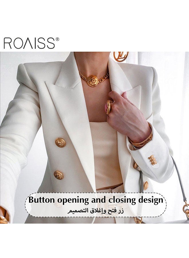 Women'S Fashion Slim Versatile Blazer Classic V-Neck Long-Sleeved Jacket Side Flap Utility Pockets Gold Button Top