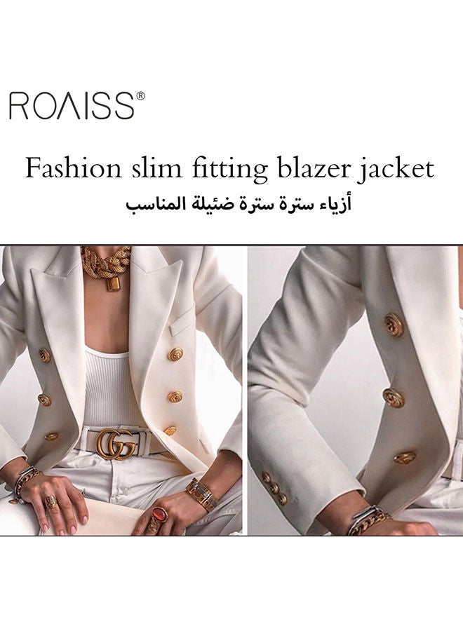 Women'S Fashion Slim Versatile Blazer Classic V-Neck Long-Sleeved Jacket Side Flap Utility Pockets Gold Button Top