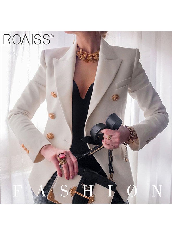 Women'S Fashion Slim Versatile Blazer Classic V-Neck Long-Sleeved Jacket Side Flap Utility Pockets Gold Button Top