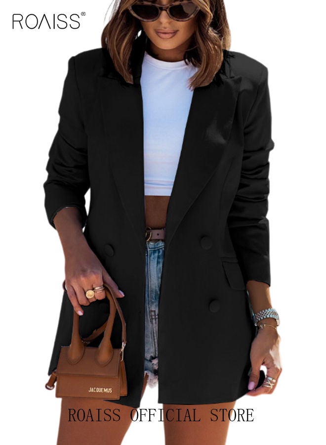 Women's Casual Business Blazer Fashion Solid Color Straight Shoulders Slim Fit Office Coat Ladies Classic Lapel Button Open Placket Suit Jacket with Shoulder Pads Black