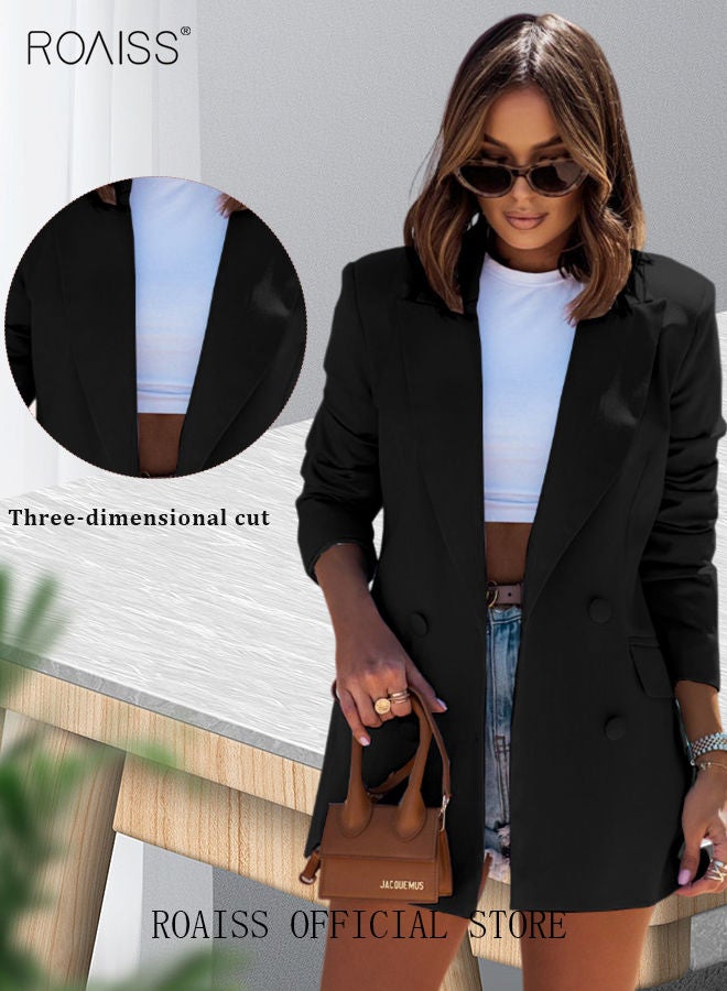 Women's Casual Business Blazer Fashion Solid Color Straight Shoulders Slim Fit Office Coat Ladies Classic Lapel Button Open Placket Suit Jacket with Shoulder Pads Black