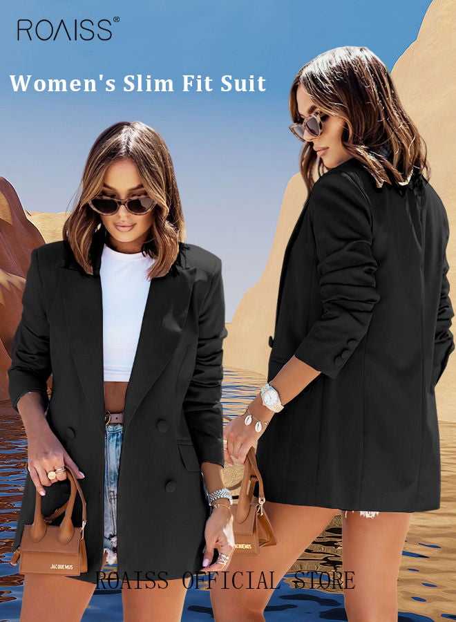 Women's Casual Business Blazer Fashion Solid Color Straight Shoulders Slim Fit Office Coat Ladies Classic Lapel Button Open Placket Suit Jacket with Shoulder Pads Black