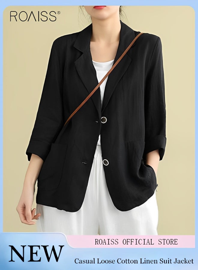 Women's Lightweight Cotton Linen Blazer Fashionable Casual Loose Long Sleeve Top