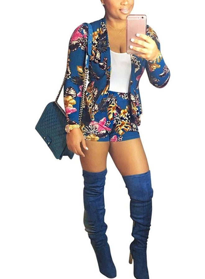 2-Piece Floral Print Blazer Set Blue