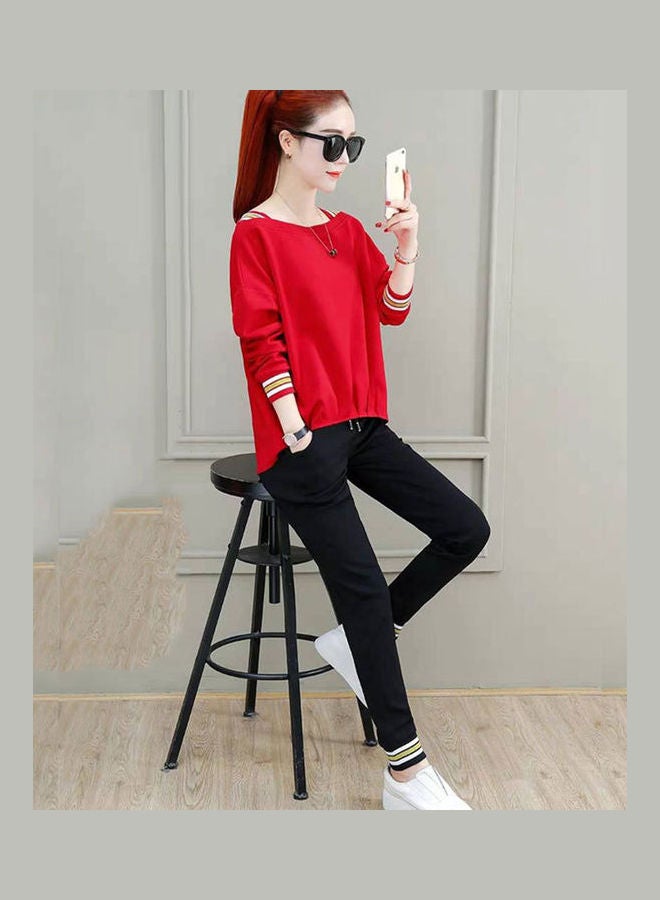 2-Piece Long Sleeves T-Shirt And Pant Set Red/Black