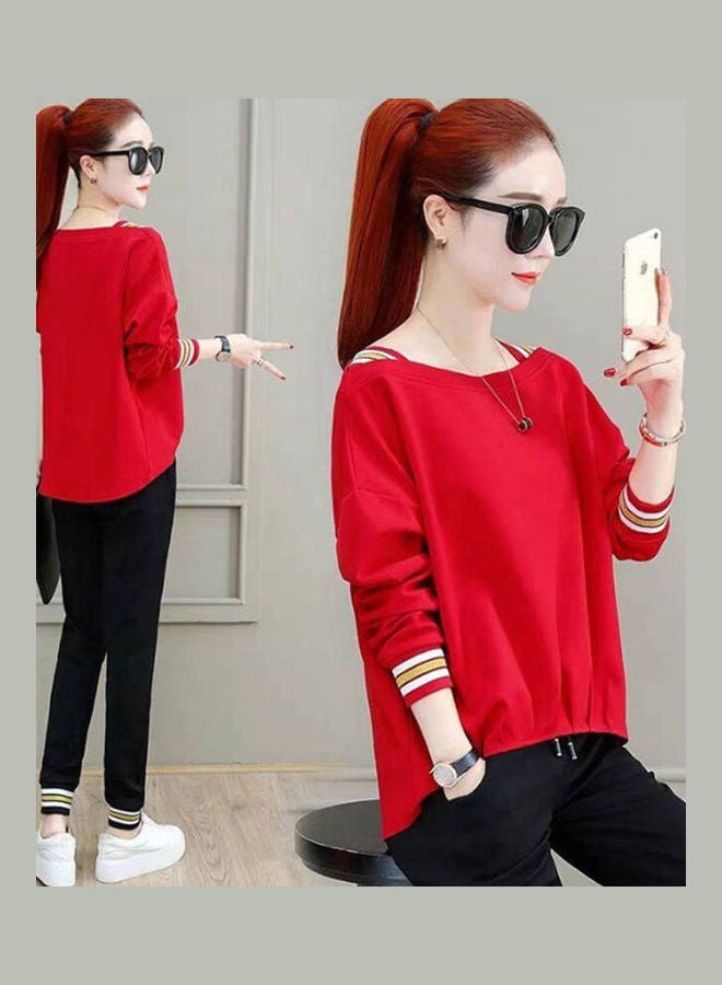 2-Piece Long Sleeves T-Shirt And Pant Set Red/Black