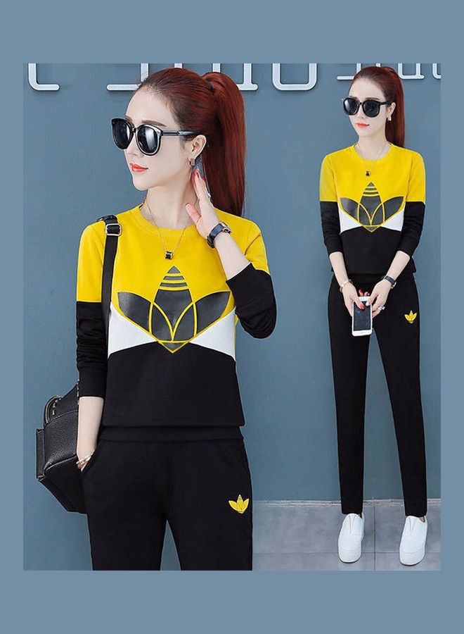 Printed Long Sleeves Top And Pants Set White/Yellow/Black