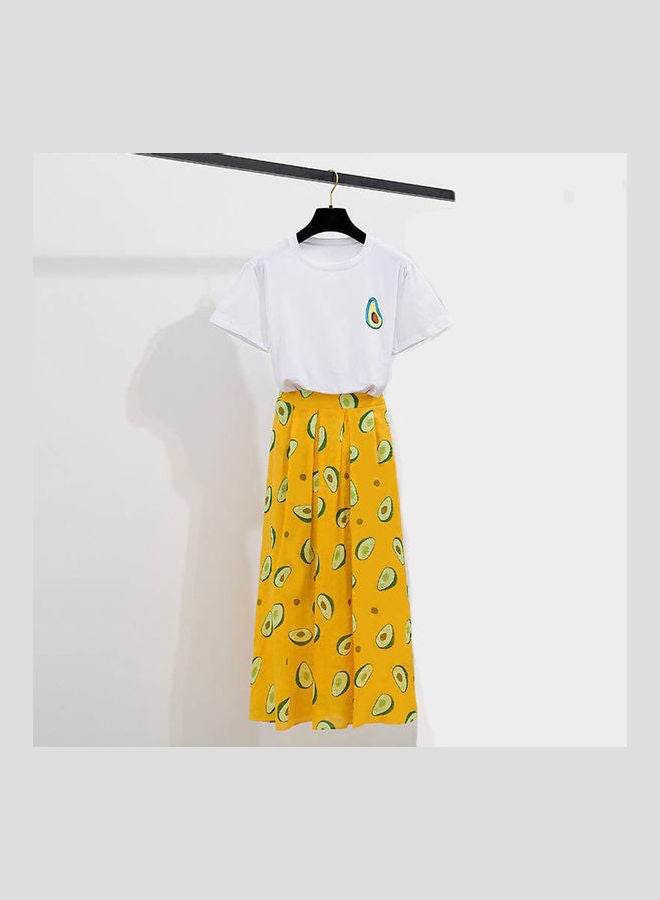 2-Piece Printed T-Shirt And Pleated Skirt Set Yellow/White/Green