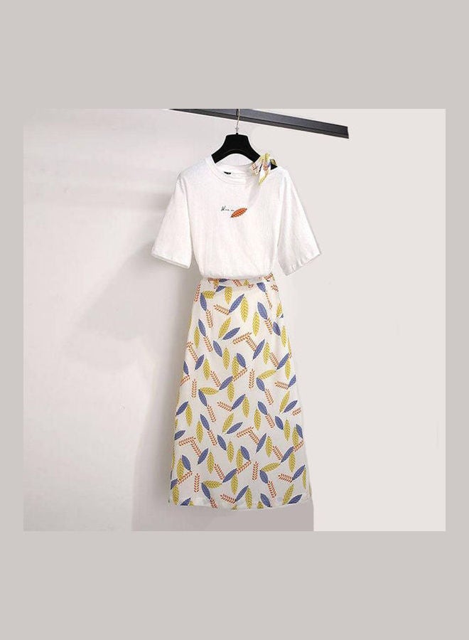 2-Piece Printed T-Shirt And Pleated Skirt Set White/Blue/Green