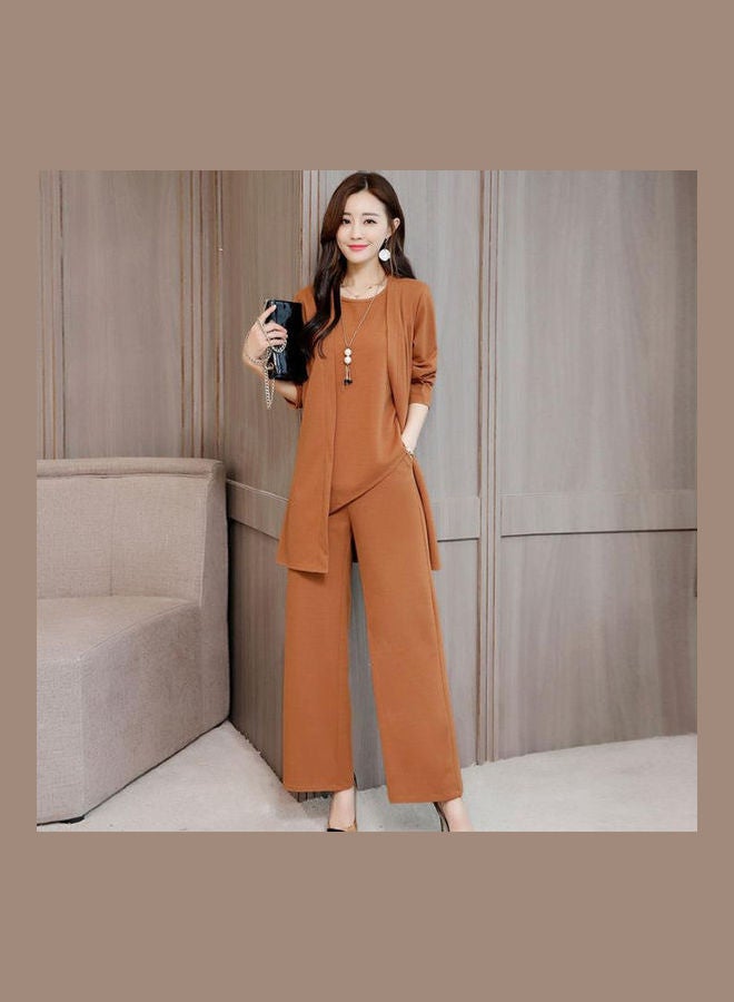 Women Autumn Winter Fashion Simple Print Three Piece Suit caramel