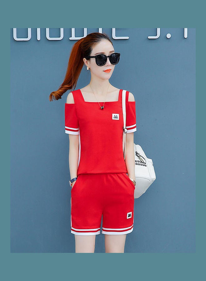 2-Piece Strriped Top And Straight Shorts Set Red/White