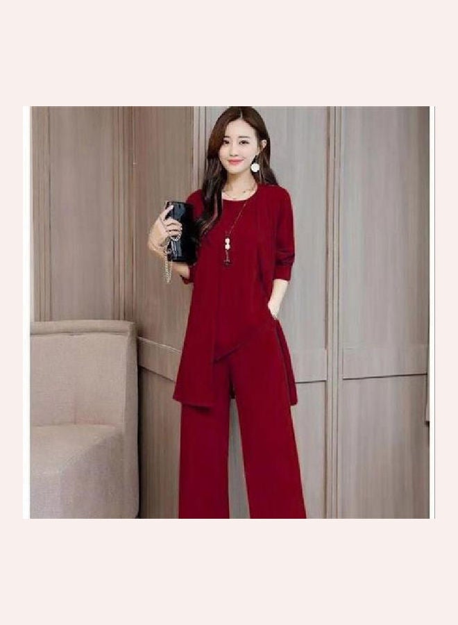 Women Autumn Winter Fashion Simple Print Three Piece Suit Red wine