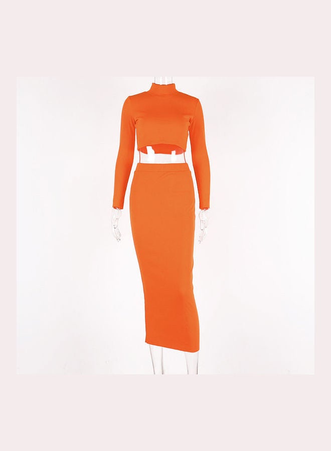 2-Piece Turtle Neck Top With Long Skirt Set Orange