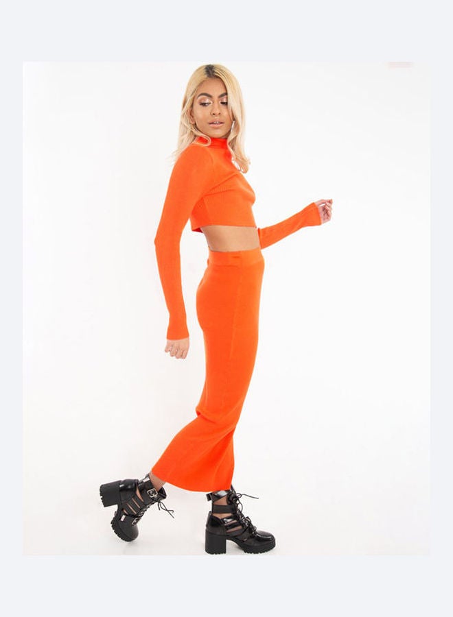 2-Piece Turtle Neck Top With Long Skirt Set Orange