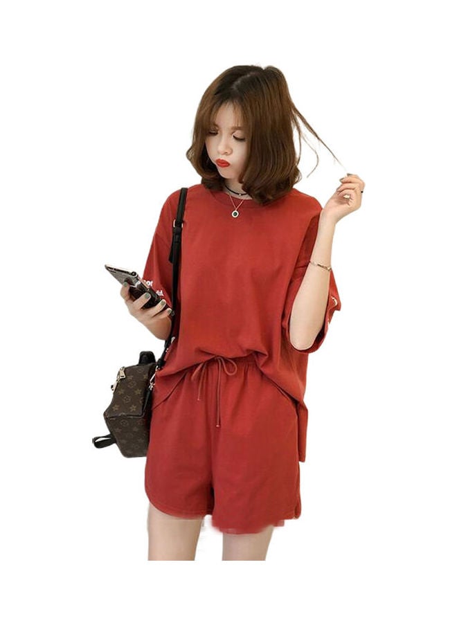 Casual Leisure Sleeves Tops And Drawstring Shorts Red